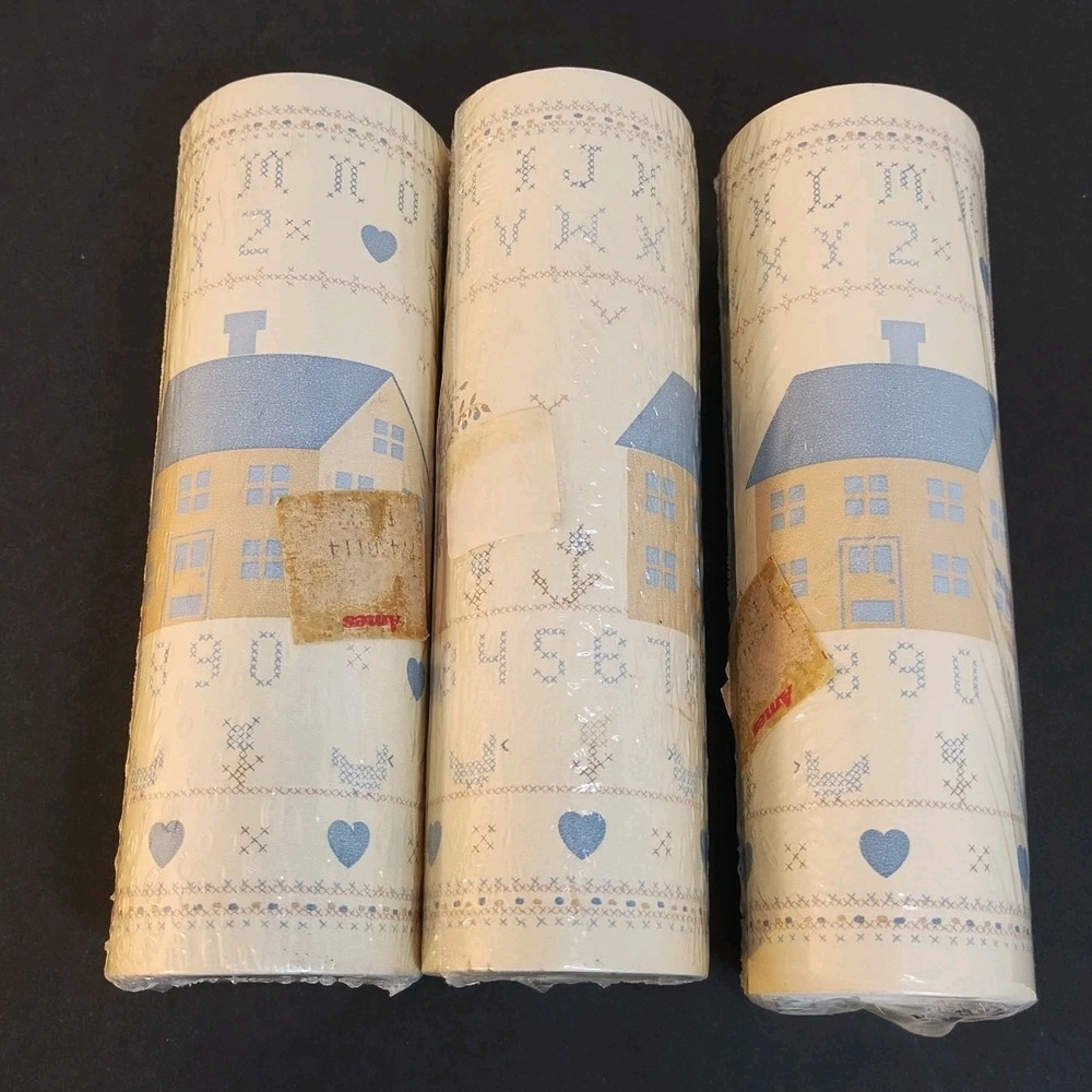 3 VTG Country Cottagecore Wallpaper Border Folk Art Cross Stitch House NEW 5 Yds